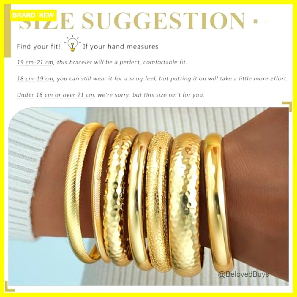 7Pcs 14K Gold Plated Stackable Bangle Bracelets Set, Boho Chunky Textured - Picture 4 of 7